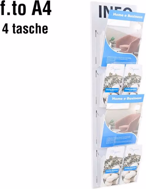 Espositore da parete Serie METALLO Top Eventi Store con 4 tasche A4 in metallo argento e plastica trasparente