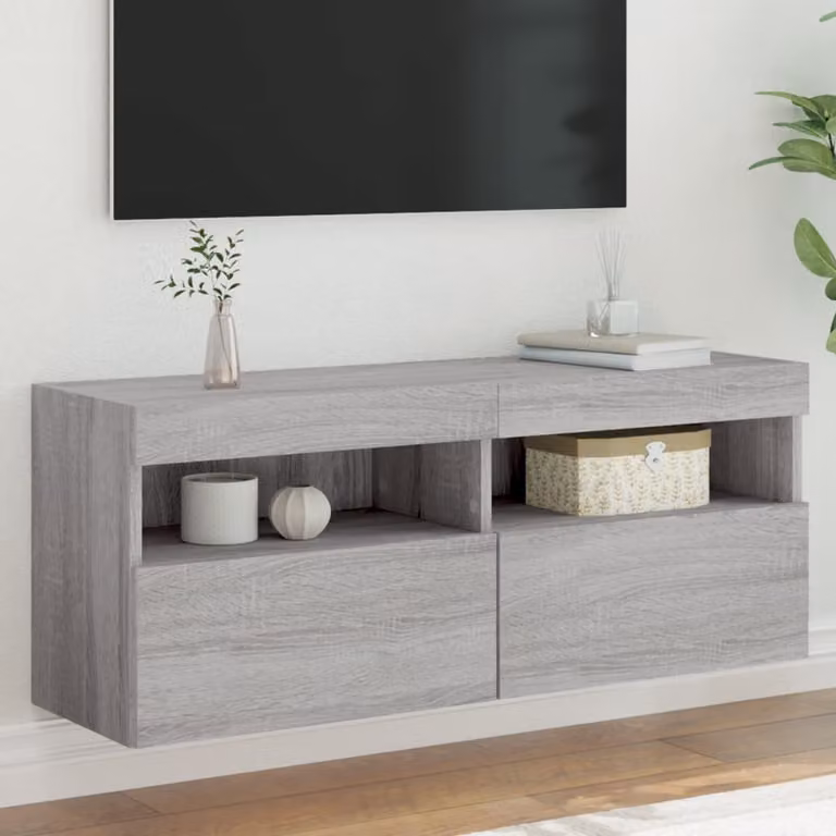 Mobile TV a parete vidaXL con luci LED integrate, Grigio Sonoma, L: 100 cm, P: 30 cm, H: 40 cm