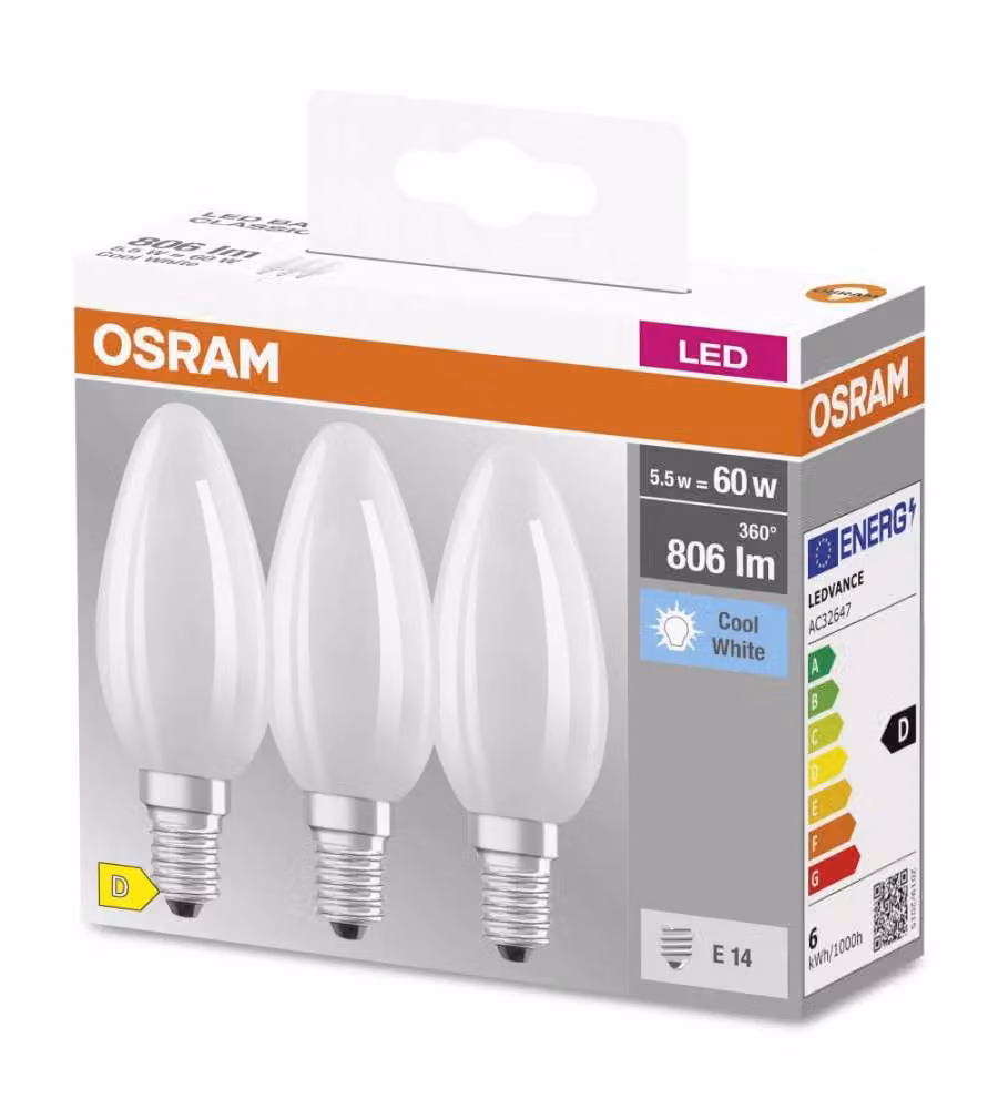 Set di 3 Lampadine LED Osram E14 5,5W 4000K 806 Lumen