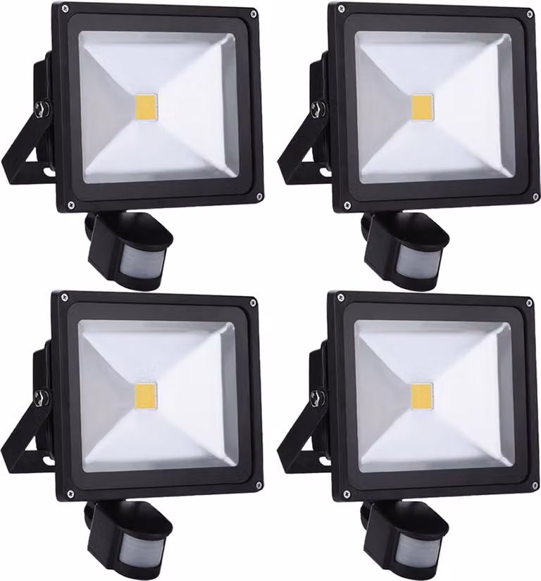 4 pezzi 30W LED faretti proiettori spot faretti da esterno con sensore di movimento, Greenmigo bianco caldo faretti da parete IP65 impermeabili AC 85-265V bianco luce diurna