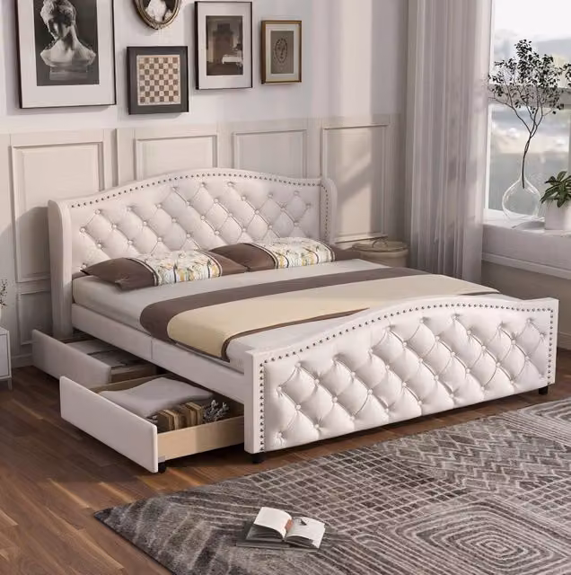 Letto imbottito 160x200 cm bianco in PU con rete a doghe e 2 cassetti