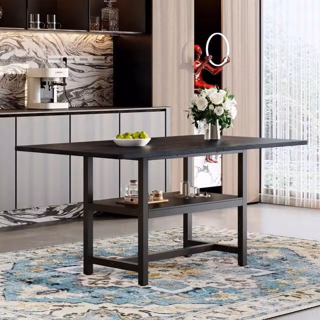 Tavolo da pranzo rettangolare per 4-6 persone con ripiano integrato in MDF e metallo nero