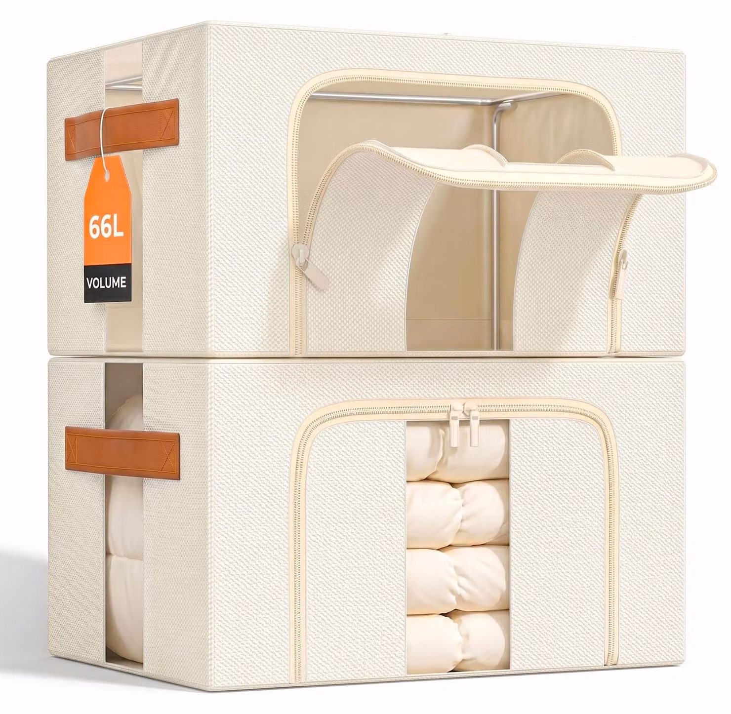 Omgoods - Contenitore pieghevole per abbigliamento con struttura in metallo, color beige (2 x 66 litri)