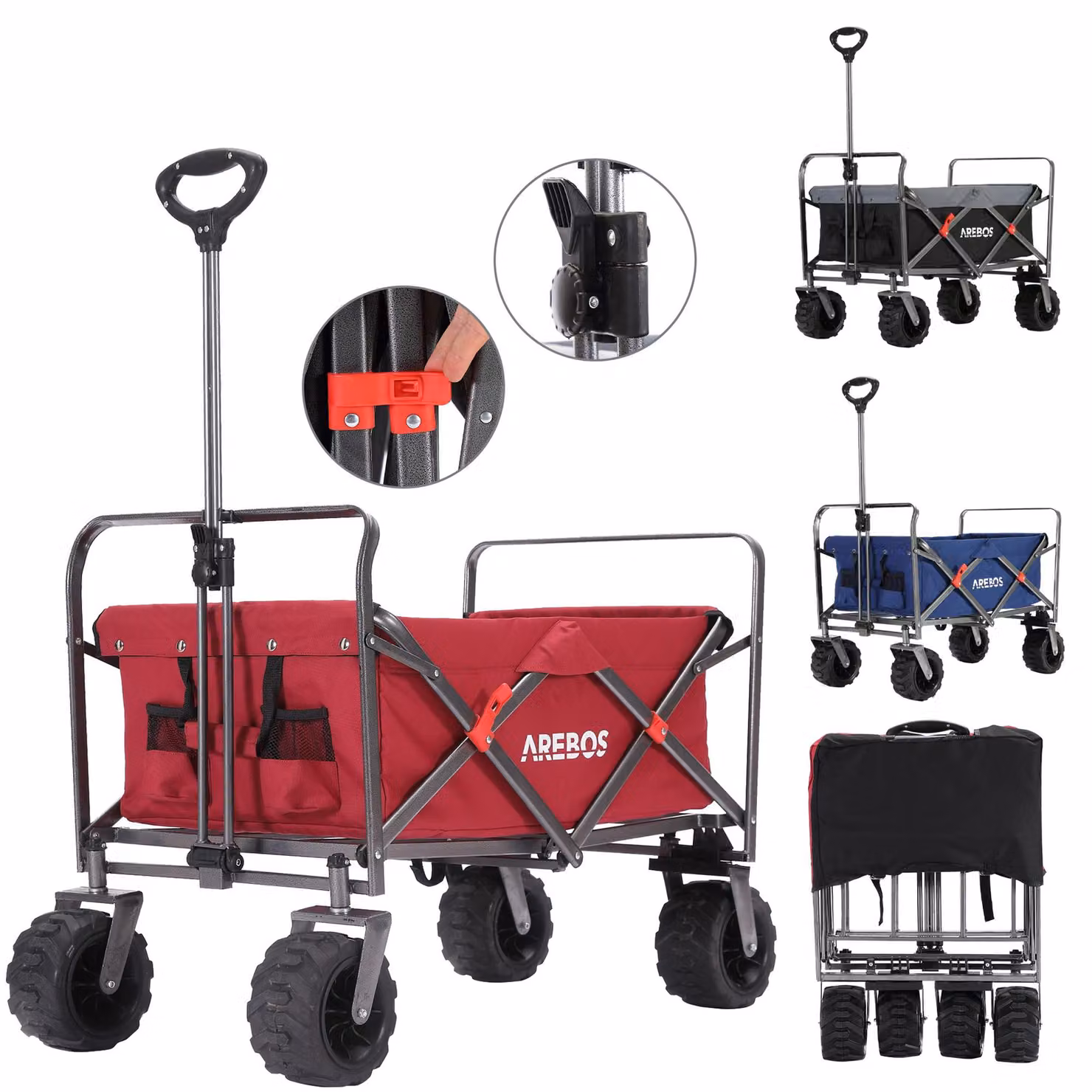 Carrello da trasporto AREBOS rosso | pieghevole, 100 kg, freno e manico telescopico
