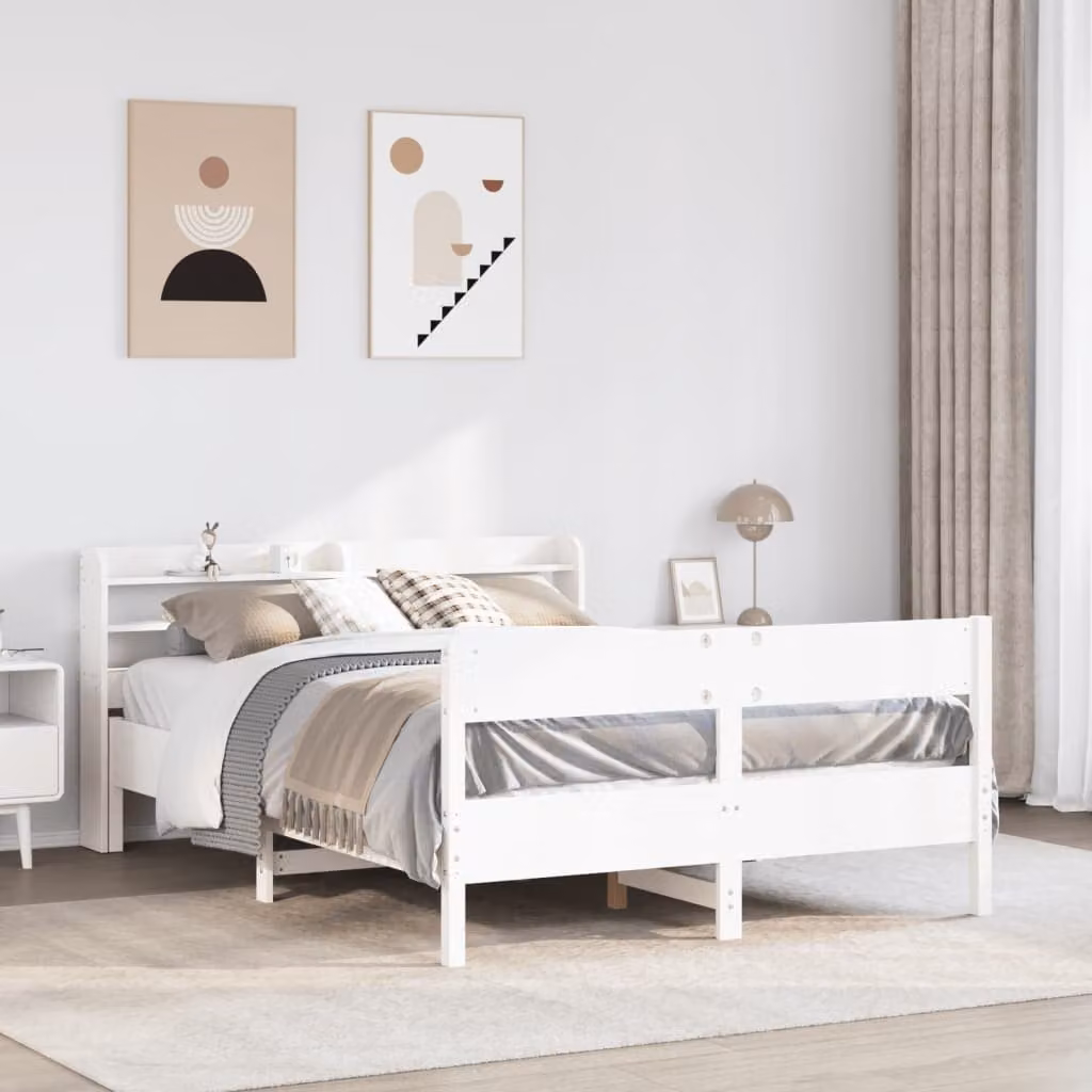 vidaXL Letto per adulti in legno massello di pino bianco con ripiani laterali L/P/H: 190 x 140 x 82 cm