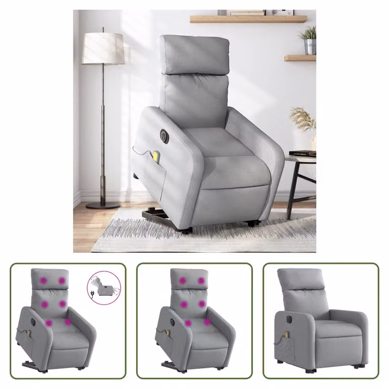 The Living Store Poltrona massaggiante elettrica con ausilio per la posizione eretta Tessuto grigio chiaro