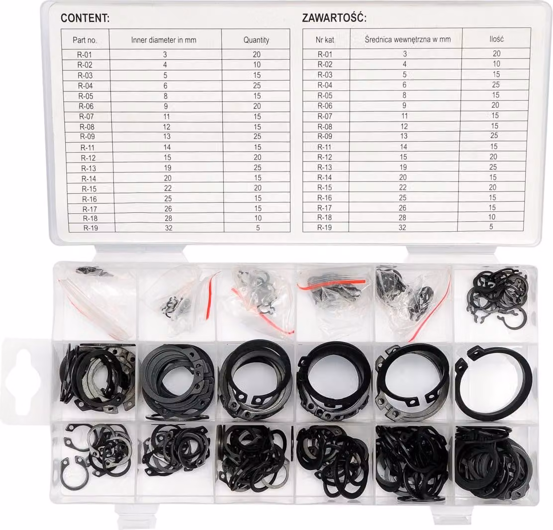 Assortimento di anelli elastici – Set da 300 pezzi in contenitore, Ø3–32 mm, acciaio al manganese, DIN 471/472