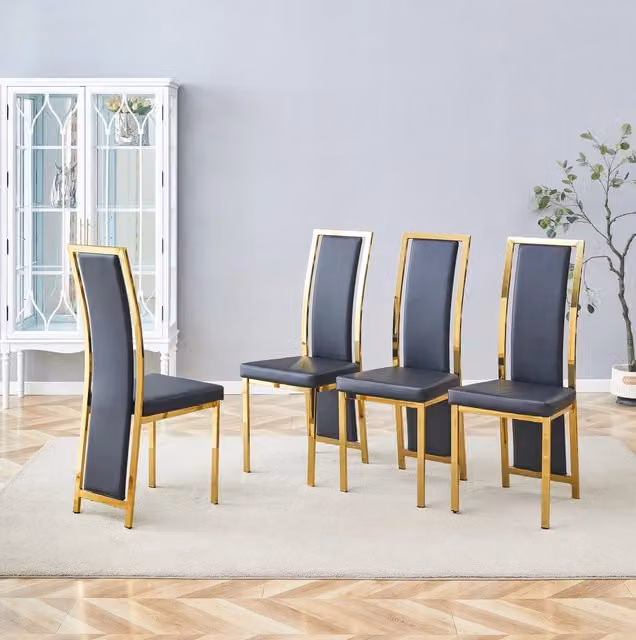 Set 4 sedie da pranzo nere con bordo oro; struttura in metallo e PU