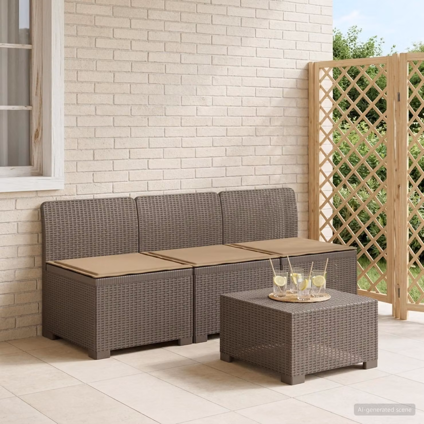 Divano da giardino a 3 posti vidaXL con cuscini in look rattan e rivestimento resistente ai raggi UV disponibile in beige, marrone o grigio