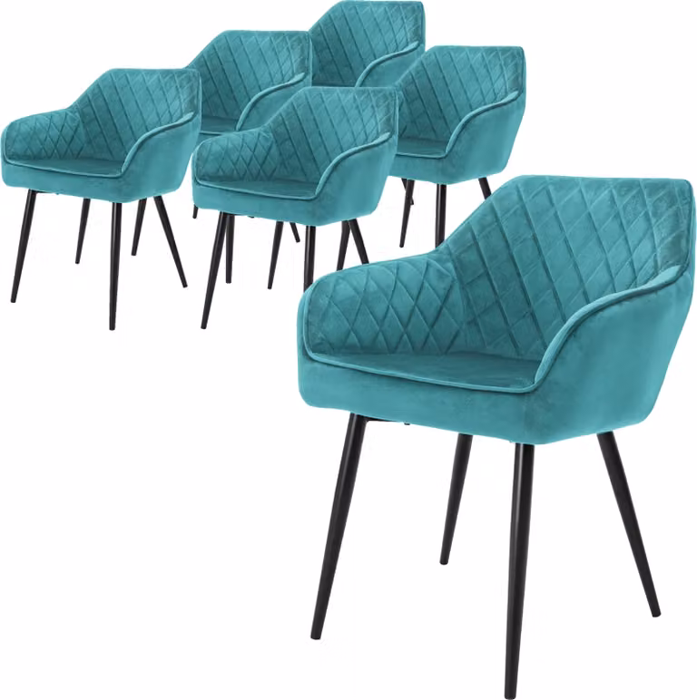 ML-Design set di 6 sedie da pranzo con braccioli e schienale, petrolio, sedia da cucina con rivestimento in velluto, sedia imbottita con gambe in metallo