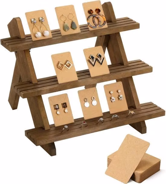 Organizer per orecchini e anelli in legno a 3 livelli con design a cascata, colore miele/marrone