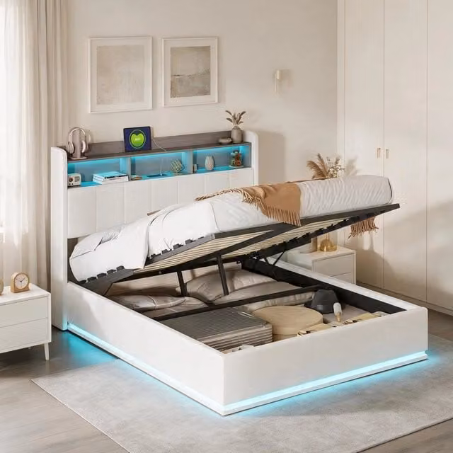 Letto matrimoniale 140x200 cm con contenitore LED USB testiera rete a doghe metallo legno e flanella - beige