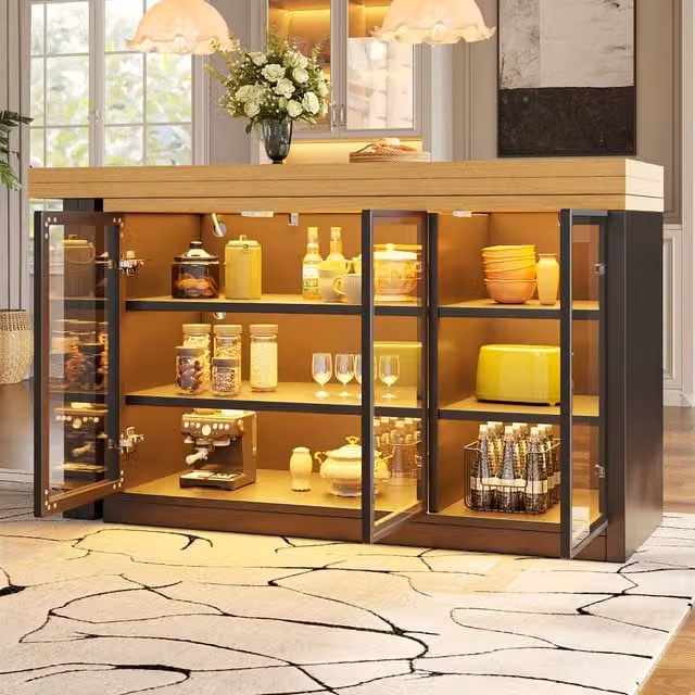 Tavolo allungabile con mobile laterale, LED e piano girevole a 360° per cucina, in MDF e vetro, nero, 120 × 40 × 72 cm