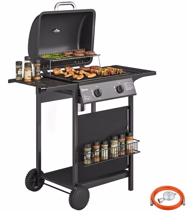 Barbecue a gas da 5 kW con 2 bruciatori, carrello in acciaio inossidabile, tavolino laterale, cestello inferiore, copertura frontale, termometro e griglia smaltata
