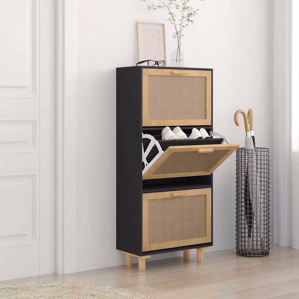 Scarpiera vidaXL in stile scandinavo con legno e rattan, Nero, L: 52 cm, P: 25 cm, H: 115 cm