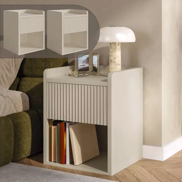 Set di 2 Comodini Nand en.casa con Cassetto e Vano Aperto, Colore Sabbia, L 55 cm x P 49 cm x H 39 cm