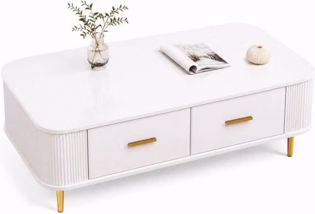 Tavolino da caffè moderno REDOM in MDF bianco e oro con angoli arrotondati L: 105 cm, P: 51 cm, H: 38 cm