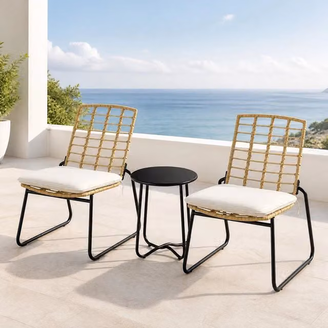 Set di mobili da giardino in rattan 3 pezzi con 2 sedie impilabili e tavolo, per balcone e terrazza, beige e marrone