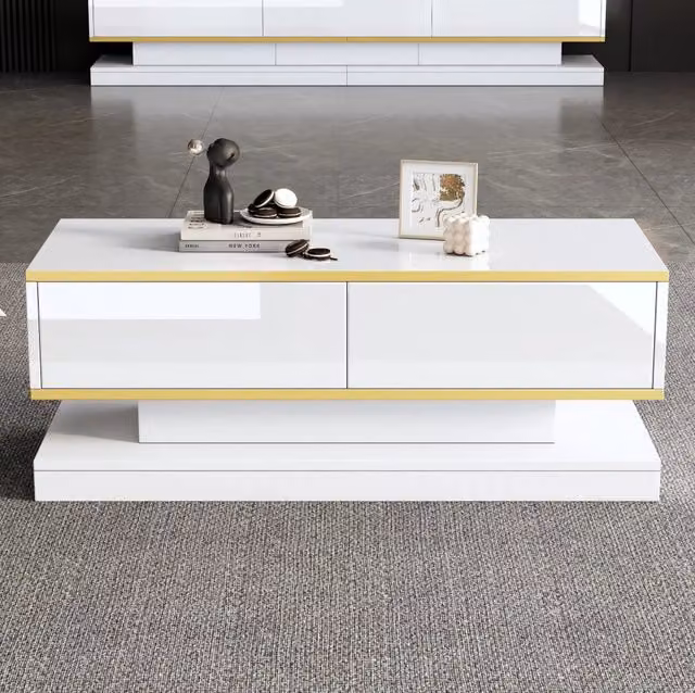 Set mobile TV e tavolino con 5 cassetti; pannello truciolare bianco con bordi dorati
