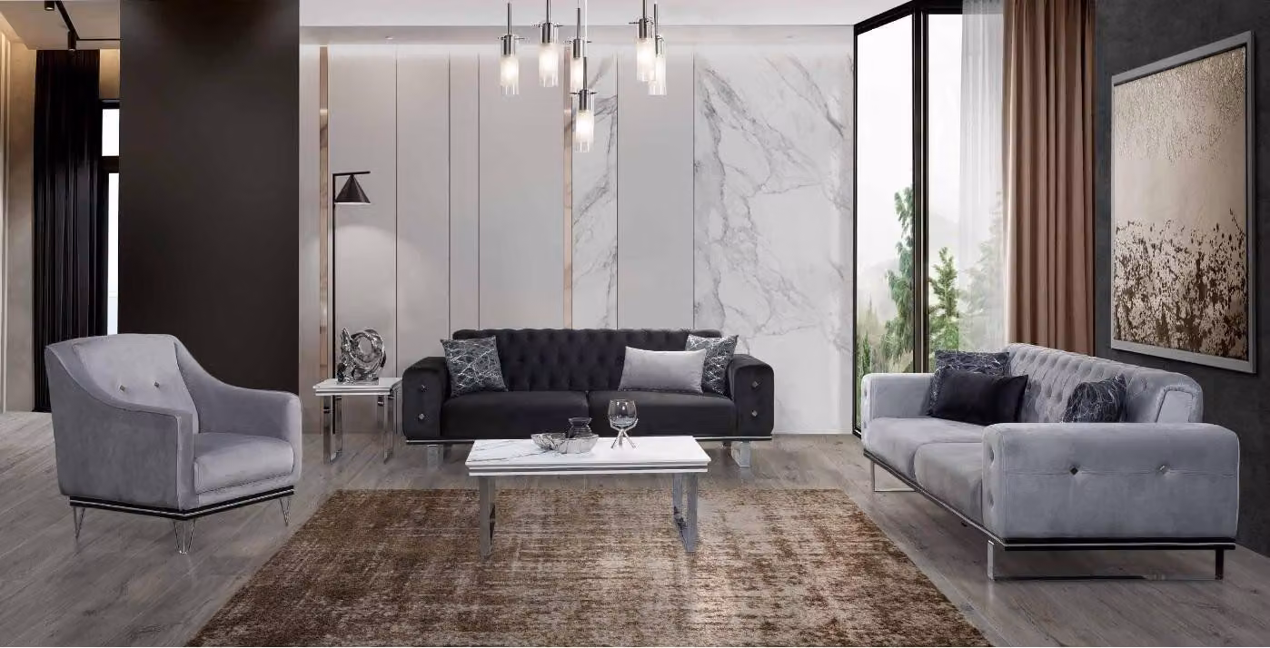 Schwarz-Graue Chesterfield Sofagarnitur Moderne Couchen Beistelltisch