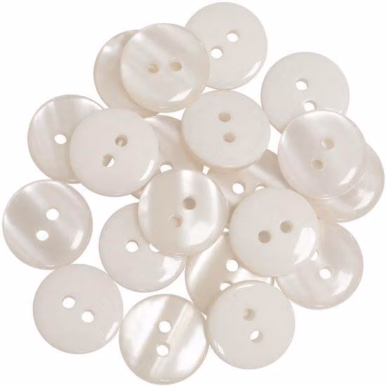Set in plastica con 20 chiodini da cucito rotondi Ø 15 mm, 2 fori, L24, 24L, bianco