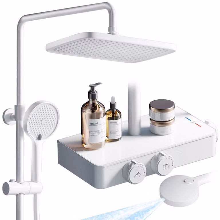 Sistema doccia con termostato e soffione, colore bianco, regolabile in altezza, con ripiano in vetro
