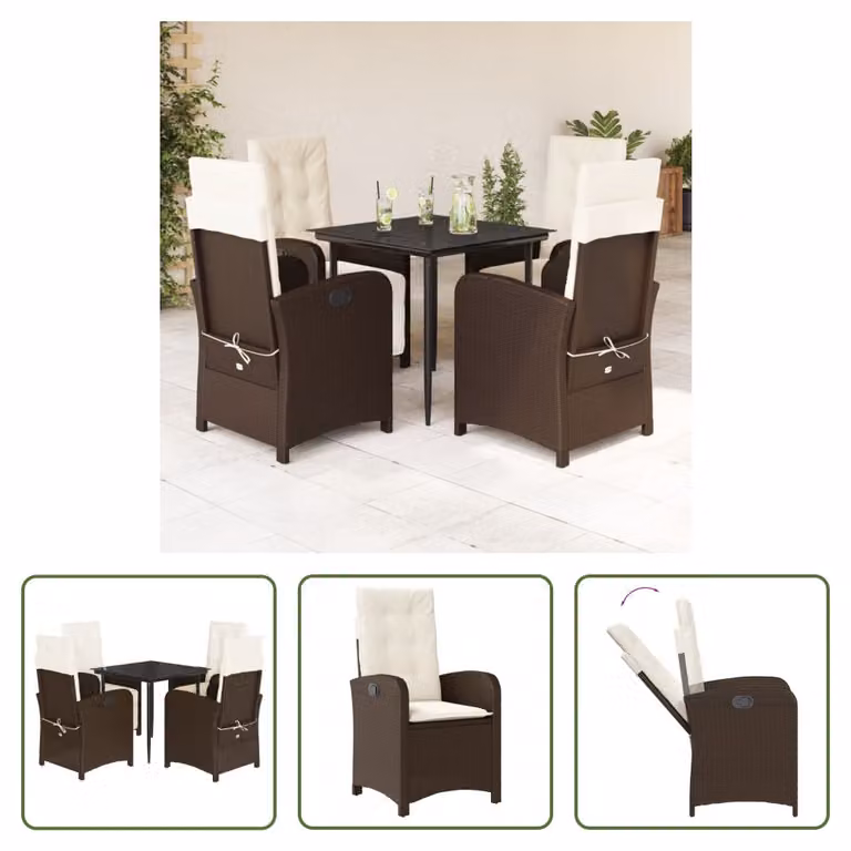 The Living Store Set da pranzo da giardino 5 pezzi con cuscini in polirattan marrone
