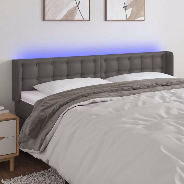 Testiera per letto vidaXL in similpelle grigia con illuminazione LED e porta di ricarica USB, L 183 cm, P 16 cm, H 78-88 cm