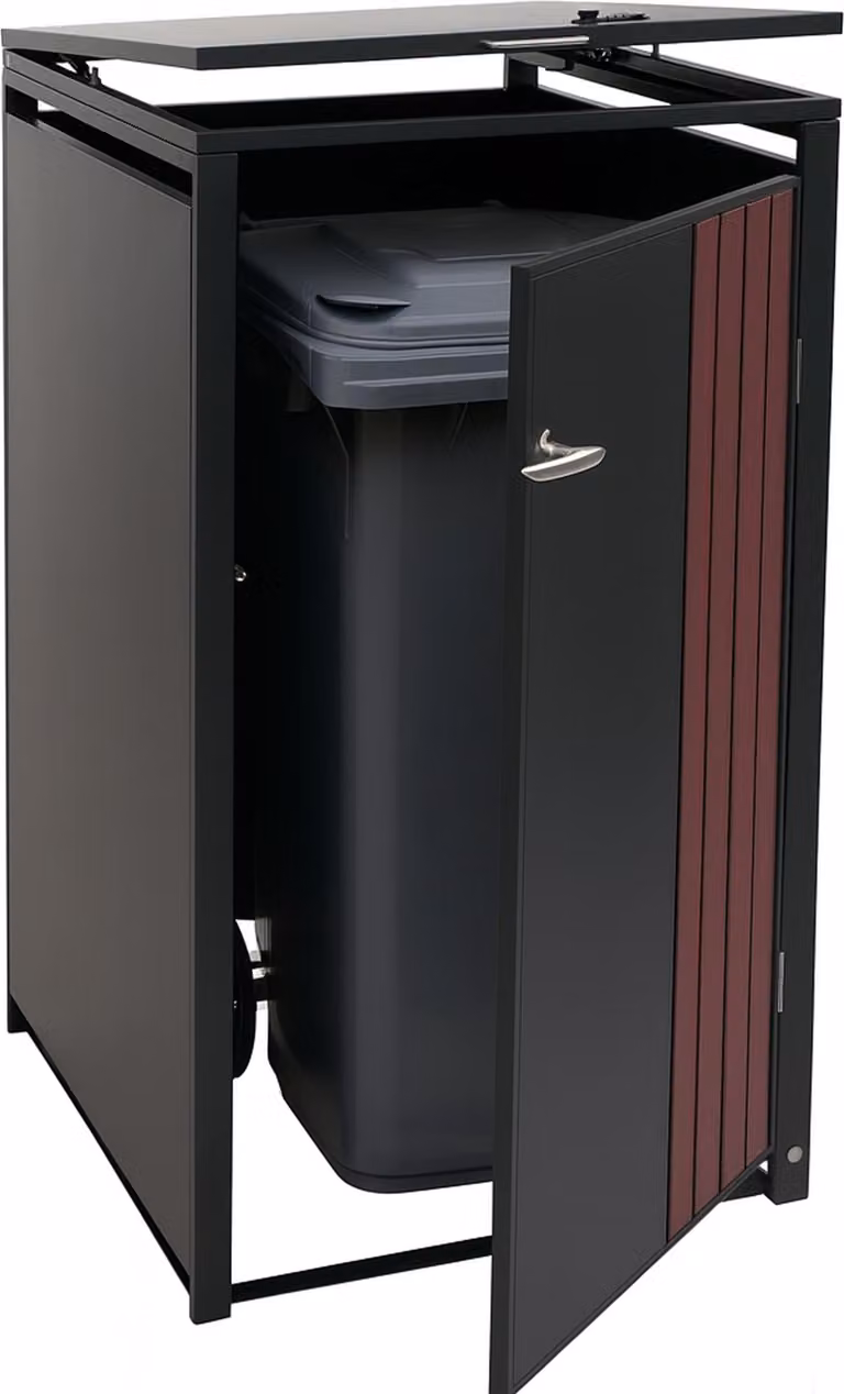 1 coperchio per bidoni HWC-O67, bidone con coperchio, metallo 122x68x84cm 35kg ~ antracite effetto legno scuro