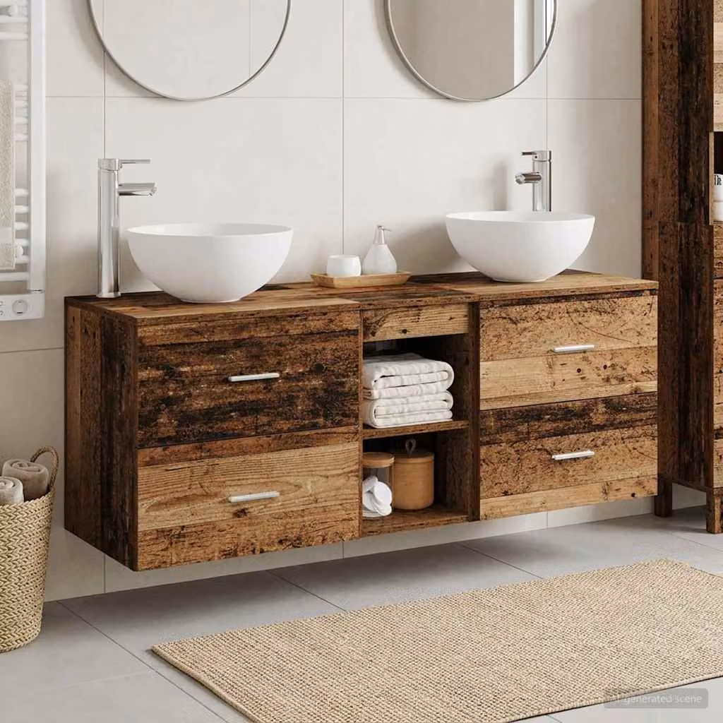 Set di 3 armadi da bagno vidaXL in legno antico e metallo, colore marrone, L 129 cm x P 35 cm x H 80 cm