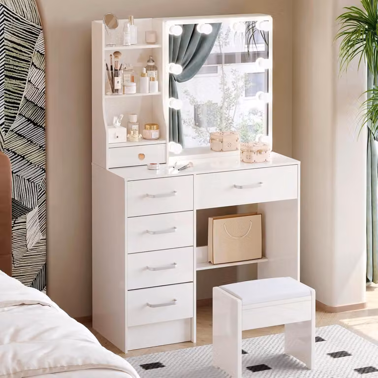 Tavolo da toilette con illuminazione e specchio, tavolo da toilette con sgabello, tavolo per cosmetici 80x36x130cm