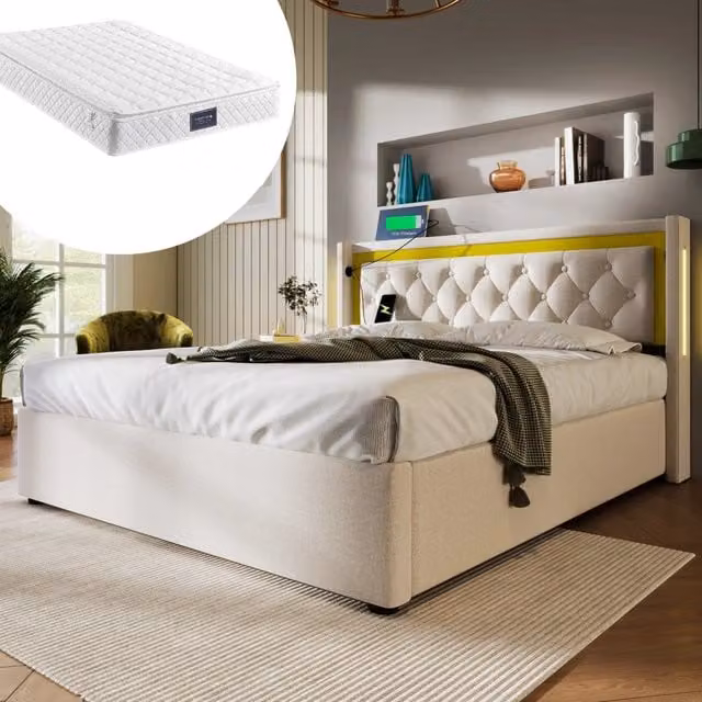Letto matrimoniale imbottito con testiera color block; LED; porta USB/Tipo-C e contenitore idraulico; cotone beige; 140x200 cm; materasso incluso