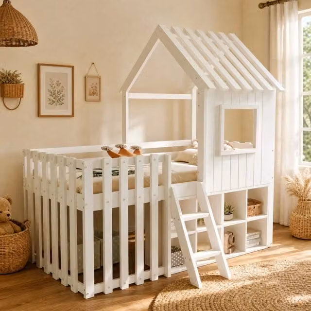 Letto a soppalco per bambini 90 x 200 cm con tetto; finestre e vani mobili; bianco