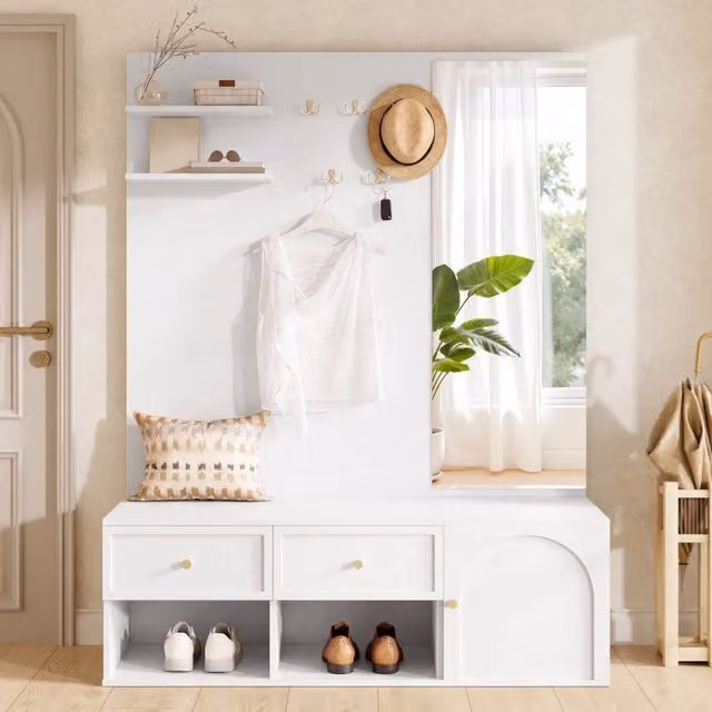 Set ingresso consolle appendiabiti specchio panca ¨C Minimal ¨C bianco 120x35x159 cm