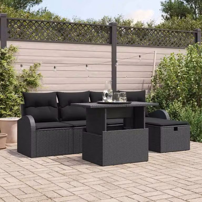 Set Divano da Giardino vidaXL 6 pz a L in Polyrattan Nero con Cuscini e Tavolino