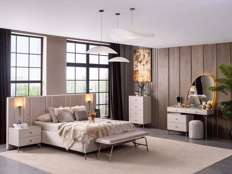Set per camera da letto: letto, angolo trucco, panca da letto. Design moderno, colore beige, aspetto elegante