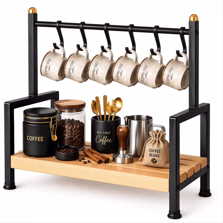 Solidchoice - Organizer per caffè con 6 ganci e ripiano in legno