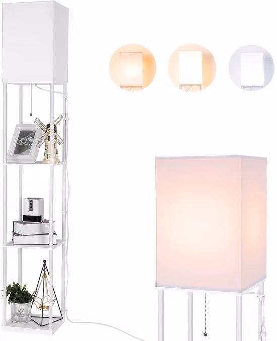 Azomor: elegante lampada da terra con ripiani in legno e illuminazione a LED regolabile