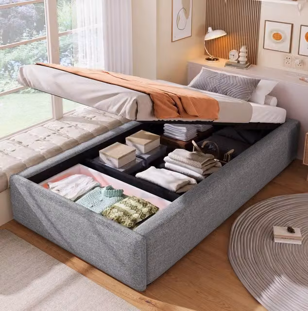 Letto imbottito 90x200 cm grigio con vano idraulico e cassetto