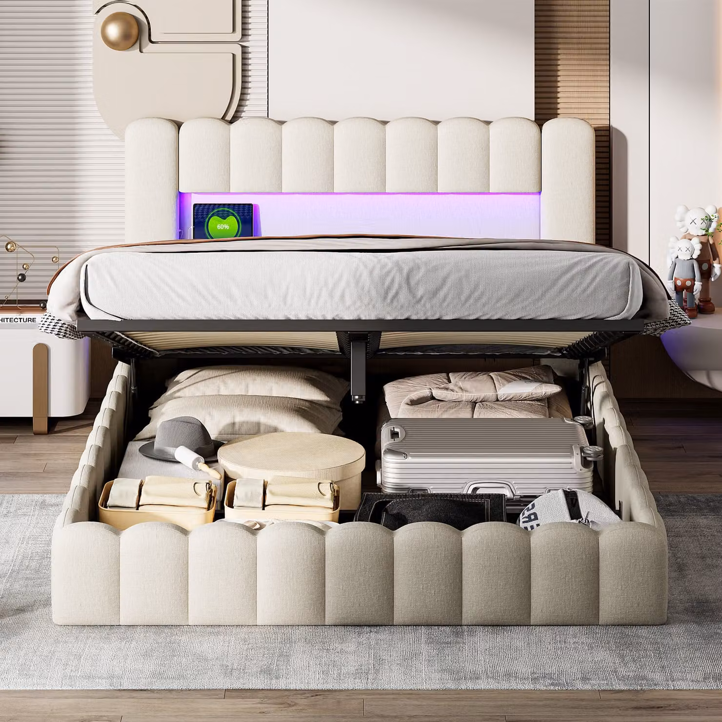 UnboxG Letto imbottito 180x200cm con USB, letto per ragazzi, letto matrimoniale con rete a doghe e contenitore, letto contenitore con LED, lino, beige