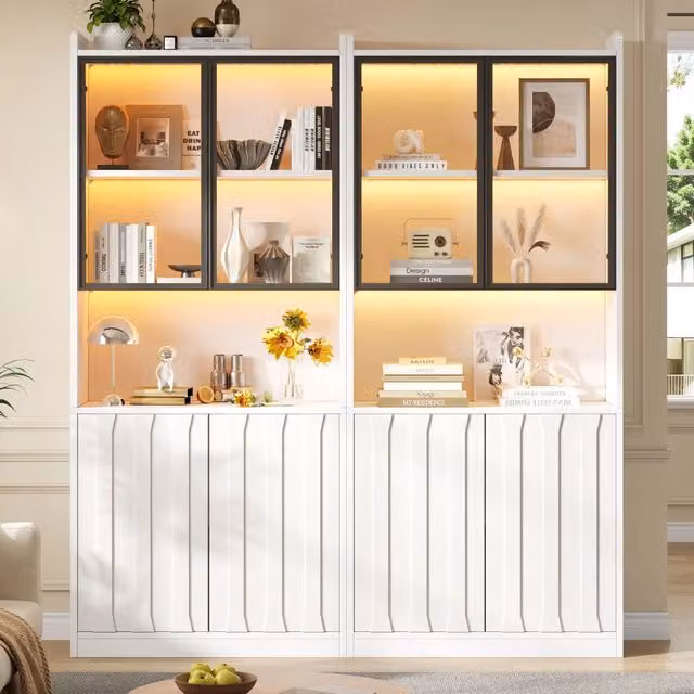 Vetrina in Vetro con LED Bluetooth; Mobile Vetrina Bianco 160x35x200cm; 4 Ante in Vetro Temperato; Soggiorno e Cucina