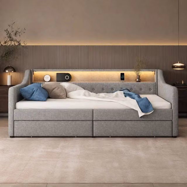 Letto singolo da giorno con rete a doghe 90 × 200 cm in lino e MDF grigio con LED USB e due cassetti