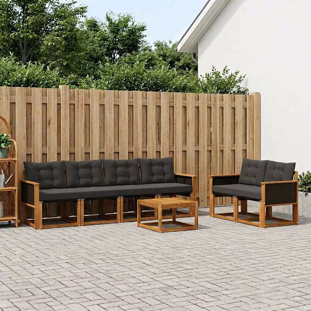 Set di divani da esterno vidaXL 7 pz in legno di acacia con cuscini e tavolino, Beige e Nero