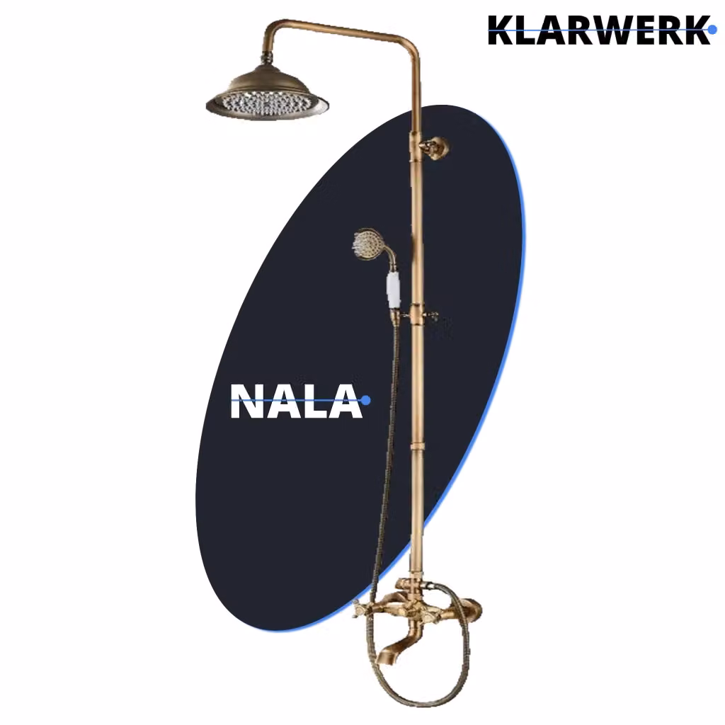 Set doccia a pioggia NALA in acciaio inossidabile con rubinetto e soffioni, finitura ottone spazzolato, H: 120 cm, L: 70 cm – 2