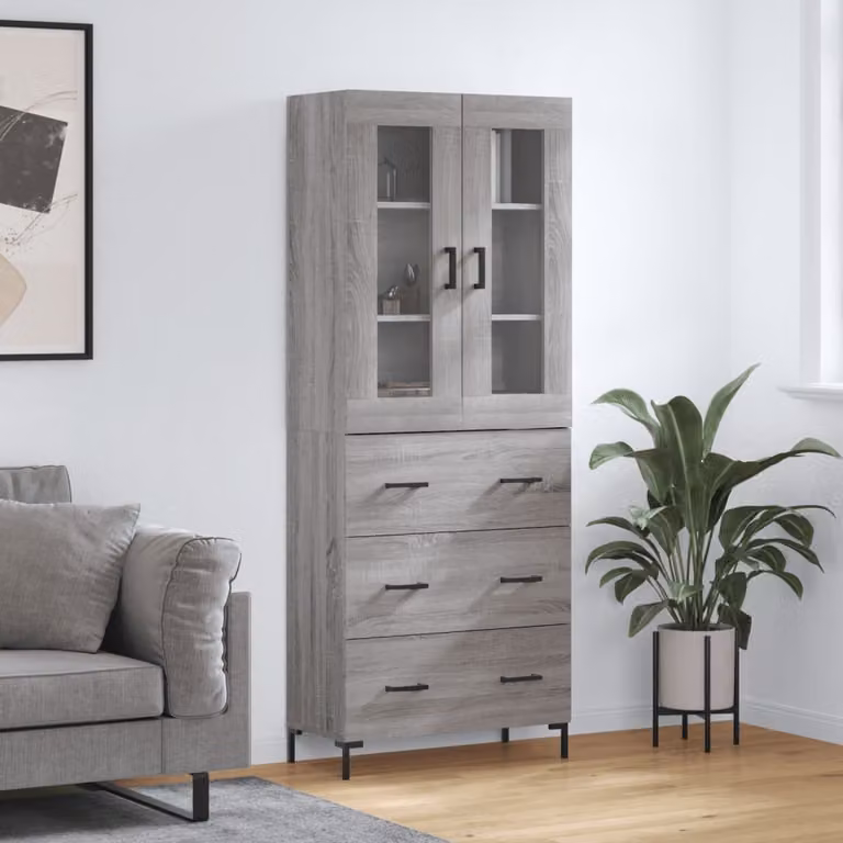 Credenza moderna vidaXL in legno e vetro, colore grigio, L: 69,5 cm, P: 34 cm, H: 180 cm