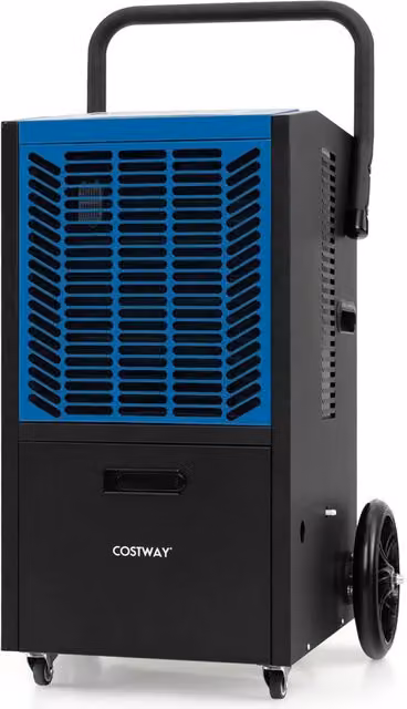 Deumidificatore commerciale Costway da 66 L/giorno con pompa e tubo di drenaggio, timer 24h e 4 ruote, Blu e Bianco
