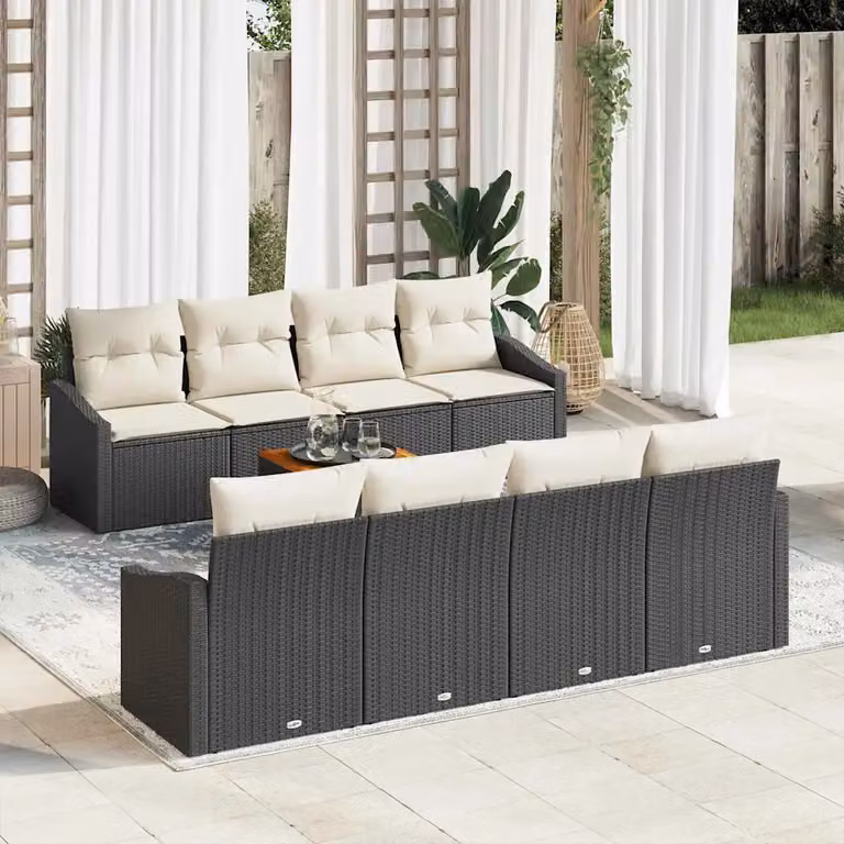 Set Divano da Giardino Moderno vidaXL in Polyrattan con Cuscini Nero e Beige, 9 Pezzi