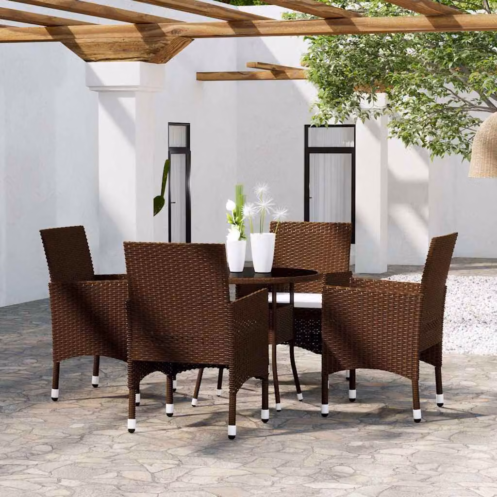 Set da Pranzo per Giardino e Terrazzo vidaXL in Polyrattan Marrone con Tavolo Rotondo in Vetro e 5 Sedute – 1