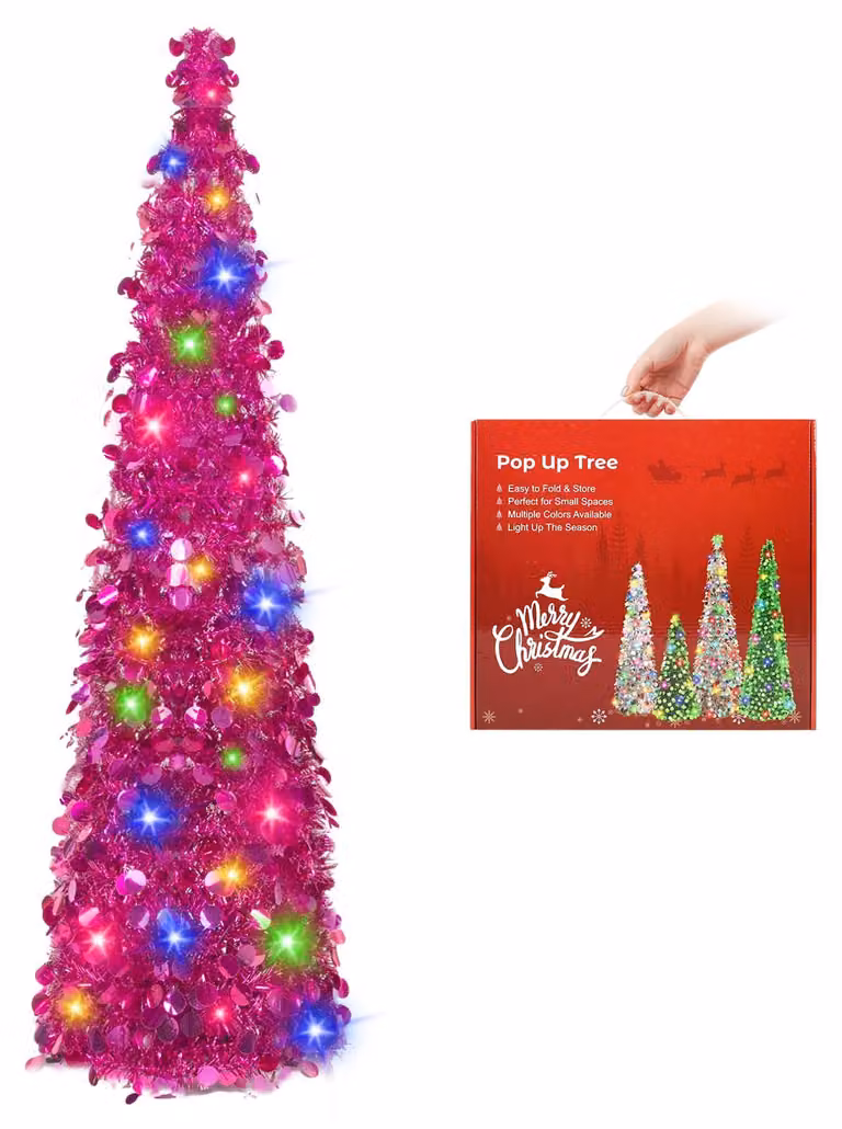 Albero di Natale, altezza 150 cm, pieghevole, rosa, con supporto, ideale per le festività