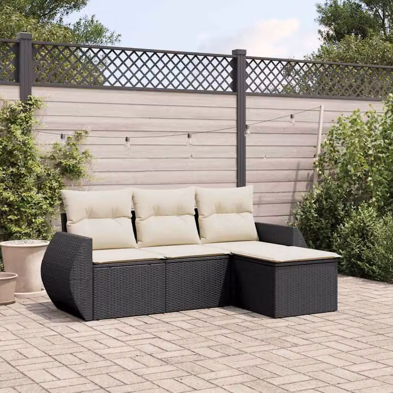 Set di divani da giardino vidaXL a forma di L composto da 4 pezzi in polyrattan nero con cuscini inclusi